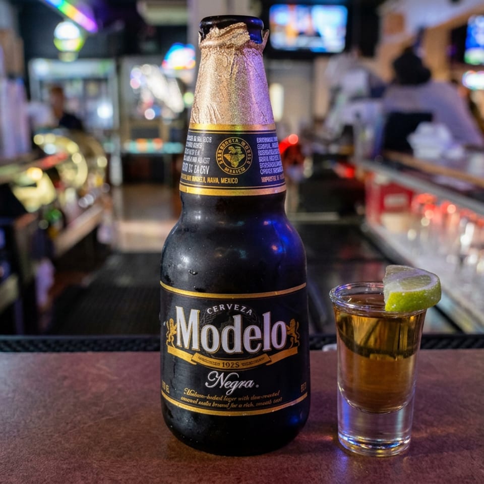Modelo Negra beer bottle and lime-garnished shot on a bar counter in a lively restaurant.
