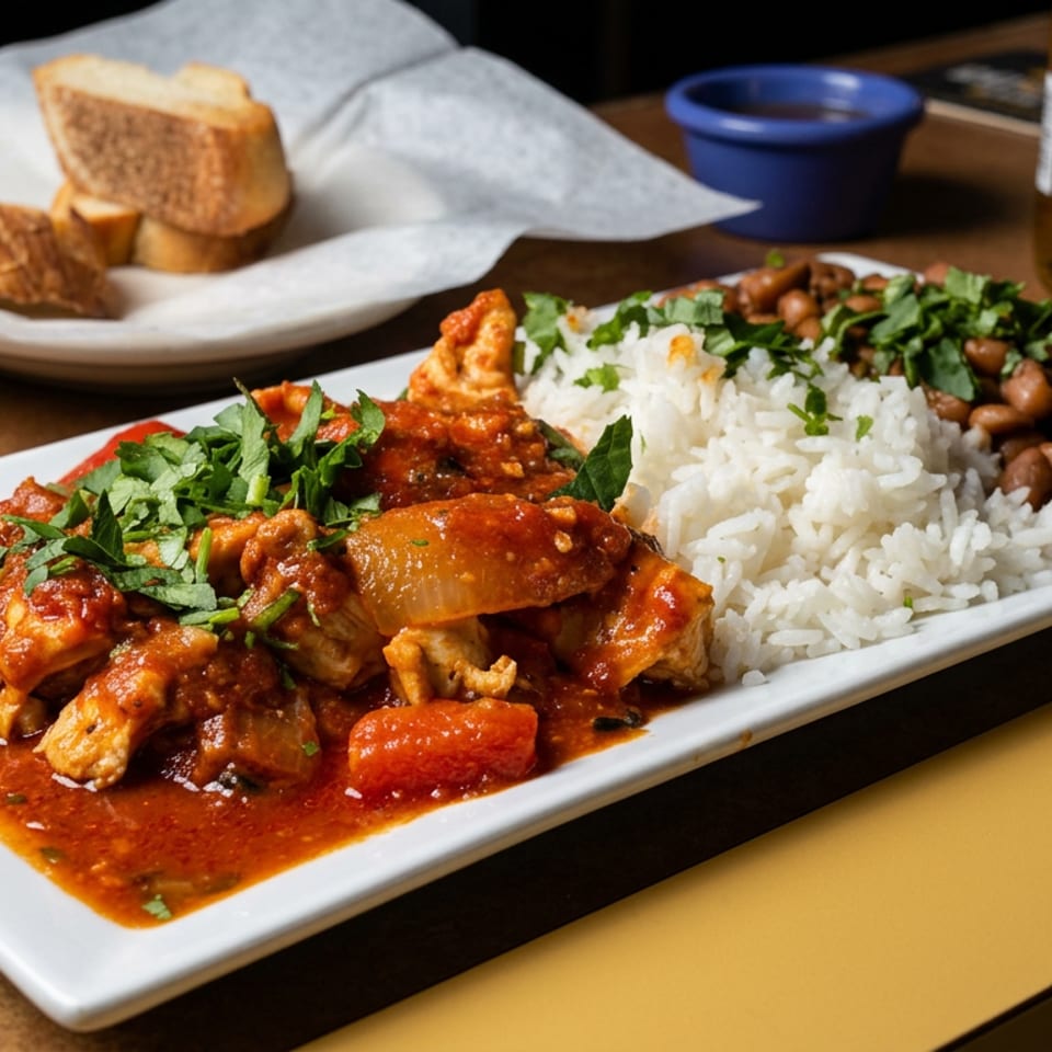 Plate of chicken in red sauce with white rice, beans, cilantro, and bread on a restaurant table.